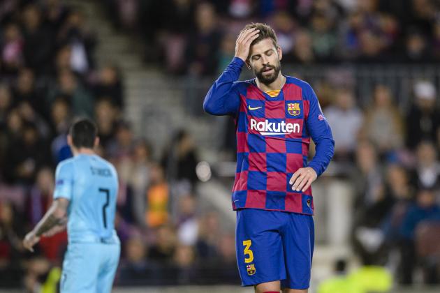 BARCELONA, SPAIN - NOVEMBER 05: Gerard Pique of FC Barcelona reacts during the UEFA Champions League group F match between FC Barcelona and Slavia Praha at Camp Nou on November 5, 2019 in Barcelona, Spain. (Photo by Claudio Chaves/Eurasia Sport Images/Getty Images)