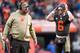 DENVER, CO - NOVEMBER 3: Baker Mayfield #6 of the Cleveland Browns has words with head coach Freddie Kitchens of the Cleveland Browns as they consider challenging the result of a play against the Denver Broncos in the third quarter of a game at Empower Field at Mile High on November 3, 2019 in Denver, Colorado. (Photo by Dustin Bradford/Getty Images)