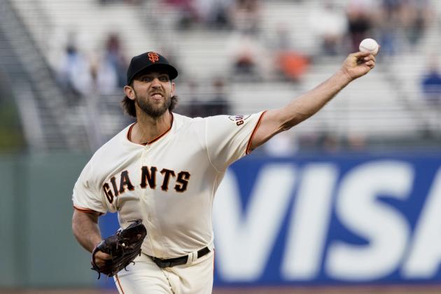 San Francisco Giants starting pitcher Madison Bumgarner throws against a Pittsburgh Pirates' batter in the first inning of a baseball game in San Francisco, Monday Sept. 9, 2019. (AP Photo/John Hefti)