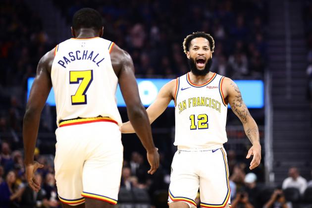 SAN FRANCISCO, CALIFORNIA - NOVEMBER 04:  Ky Bowman #12 congratulates Eric Paschall #7 of the Golden State Warriors after he made a basket against the Portland Trail Blazers at Chase Center on November 04, 2019 in San Francisco, California. NOTE TO USER: User expressly acknowledges and agrees that, by downloading and or using this photograph, User is consenting to the terms and conditions of the Getty Images License Agreement. (Photo by Ezra Shaw/Getty Images)