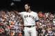 San Francisco Giants' Madison Bumgarner gestures toward fans before pinch hitting against the Los Angeles Dodgers during the fifth inning of a baseball game in San Francisco, Sunday, Sept. 29, 2019. (AP Photo/Jeff Chiu)
