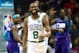 CHARLOTTE, NORTH CAROLINA - NOVEMBER 07: Kemba Walker #8 of the Boston Celtics reacts after a play against the Charlotte Hornets during their game at Spectrum Center on November 07, 2019 in Charlotte, North Carolina. NOTE TO USER: User expressly acknowledges and agrees that, by downloading and or using this photograph, User is consenting to the terms and conditions of the Getty Images License Agreement.
(Photo by Streeter Lecka/Getty Images)