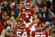 NORMAN, OK - NOVEMBER 9: Quarterback Jalen Hurts #1 of the Oklahoma Sooners gets lifted up by offensive linemen Marquis Hayes #54 and Creed Humphrey #56 in the game against the Iowa State Cyclones in the second quarter on November 9, 2019 at Gaylord Family Oklahoma Memorial Stadium in Norman, Oklahoma. (Photo by Brian Bahr/Getty Images)