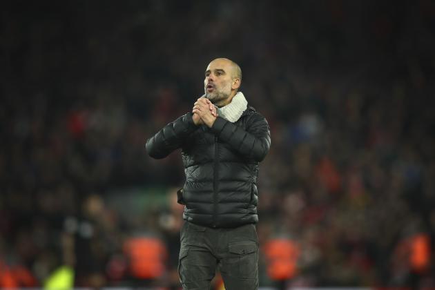 LIVERPOOL, ENGLAND - NOVEMBER 10: Pep Guardiola the head coach / manager of Manchester City reacts at full time after the Premier League match between Liverpool FC and Manchester City at Anfield on November 10, 2019 in Liverpool, United Kingdom. (Photo by Robbie Jay Barratt - AMA/Getty Images)