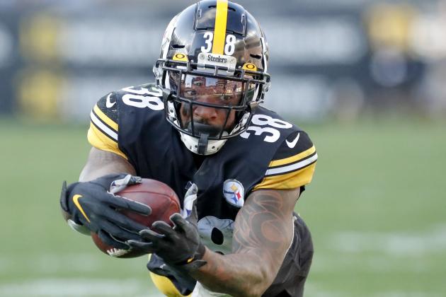 Pittsburgh Steelers running back Jaylen Samuels (38) stretches for more yards against the Indianapolis Colts in the second half of an NFL football game , Sunday, Nov. 3, 2019, in Pittsburgh. He was ruled down at the one-yard line (AP Photo/Don Wright)