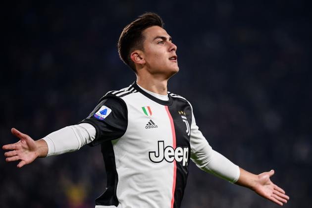 Juventus' Argentine forward Paulo Dybala celebrates after opening the scoring during the Italian Serie A football match Juventus vs AC Milan on November 10, 2019 at the Juventus Allianz stadium in Turin. (Photo by Marco Bertorello / AFP) (Photo by MARCO BERTORELLO/AFP via Getty Images)
