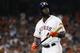 Houston Astros' Yordan Alvarez flies out against the New York Yankees during the third inning in Game 2 of baseball's American League Championship Series Sunday, Oct. 13, 2019, in Houston. (AP Photo/Matt Slocum)