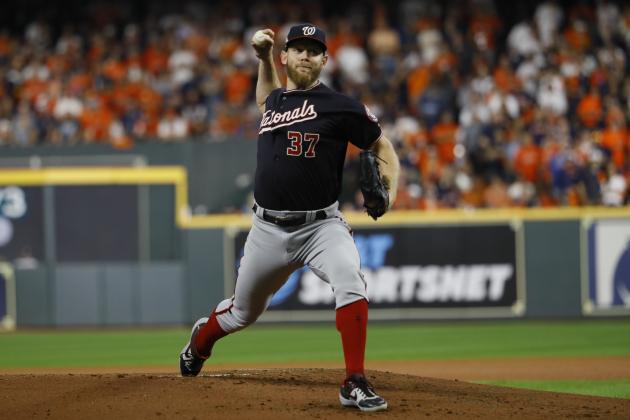 Washington Nationals starting pitcher Stephen Strasburg throws during the first inning of Game 6 of the baseball World Series against the Houston Astros Tuesday, Oct. 29, 2019, in Houston. (AP Photo/Matt Slocum)