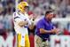 TUSCALOOSA, ALABAMA - NOVEMBER 09: Joe Burrow #9 of the LSU Tigers and head coach Ed Orgeron react during the first half against the Alabama Crimson Tide in the game at Bryant-Denny Stadium on November 09, 2019 in Tuscaloosa, Alabama. (Photo by Kevin C. Cox/Getty Images)