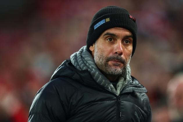LIVERPOOL, ENGLAND - NOVEMBER 10: Pep Guardiola the head coach / manager of Manchester City uring the Premier League match between Liverpool FC and Manchester City at Anfield on November 10, 2019 in Liverpool, United Kingdom. (Photo by Robbie Jay Barratt - AMA/Getty Images)