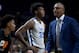 Memphis center James Wiseman watches from the bench after picking up a foul against Oregon during the second half of an NCAA college basketball game in Portland, Ore., Tuesday, Nov. 12, 2019. Oregon won 82-74. (AP Photo/Craig Mitchelldyer)