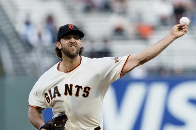 San Francisco Giants starting pitcher Madison Bumgarner throws against a Pittsburgh Pirates' batter in the first inning of a baseball game in San Francisco, Monday Sept. 9, 2019. (AP Photo/John Hefti)