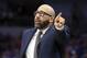 New York Knicks head coach David Fizdale gestures on the sidelines during the game against the Dallas Mavericks in an NBA basketball game Friday, Nov. 8, 2019, in Dallas. (AP Photo/Richard W. Rodriguez)