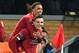 Liverpool's Scottish defender Andrew Robertson celebrates with Liverpool's English defender Trent Alexander-Arnold (up) after scoring their second goal during the UEFA Champions league Group E football match between Liverpool and Salzburg at Anfield in Liverpool, north west England on October 2, 2019. (Photo by Paul ELLIS / AFP) (Photo by PAUL ELLIS/AFP via Getty Images)
