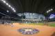 The Boston Red Sox work out at Minute Maid Park, Monday, Oct. 15, 2018, in Houston. The Red Sox are to face the Houston Astros in Game 3 of the baseball American League Championship Series, Tuesday, Oct. 16. (AP Photo/Frank Franklin II)