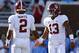 OXFORD, MS - SEPTEMBER 15: Tua Tagovailoa #13 of the Alabama Crimson Tide and Jalen Hurts #2 warms up before a game against the Mississippi Rebels at Vaught-Hemingway Stadium on September 15, 2018 in Oxford, Mississippi. (Photo by Jonathan Bachman/Getty Images)