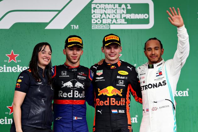 SAO PAULO, BRAZIL - NOVEMBER 17: Top three finishers Max Verstappen of Netherlands and Red Bull Racing, Pierre Gasly of France and Scuderia Toro Rosso and Lewis Hamilton of Great Britain and Mercedes GP celebrate on the podium during the F1 Grand Prix of Brazil at Autodromo Jose Carlos Pace on November 17, 2019 in Sao Paulo, Brazil. (Photo by Mark Thompson/Getty Images)