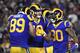 LOS ANGELES, CA - NOVEMBER 17: Todd Gurley #30 of the Los Angeles Rams celebrates his touchdown with quarterback Jared Goff #16 and Tyler Higbee #89 during the second quarter against the Chicago Bears at Los Angeles Memorial Coliseum on November 17, 2019 in Los Angeles, California. (Photo by Kevork Djansezian/Getty Images)