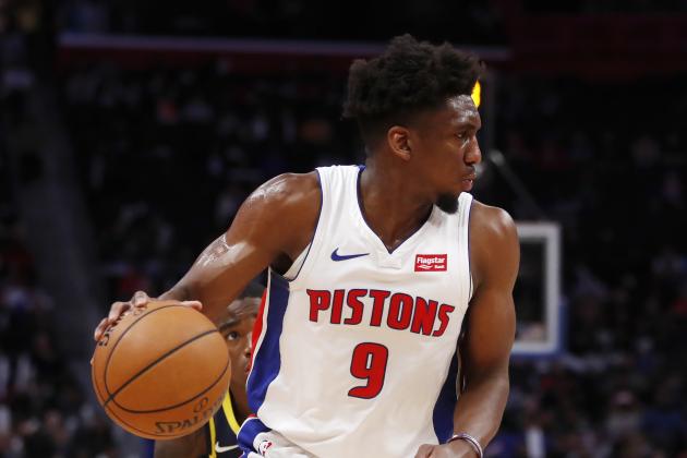 Detroit Pistons guard Langston Galloway controls the ball during the first half of an NBA basketball game, Monday, Oct. 28, 2019, in Detroit. (AP Photo/Carlos Osorio)