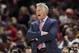 Philadelphia 76ers head coach Brett Brown yells instructions to players in the second half of an NBA basketball game against the Cleveland Cavaliers, Sunday, Nov. 17, 2019, in Cleveland. The 76ers won 114-95. (AP Photo/Tony Dejak)
