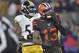 Cleveland Browns wide receiver Odell Beckham Jr. (13) celebrates in the first quarter of an NFL football game against the Pittsburgh Steelers, Thursday, Nov. 14, 2019, in Cleveland. The Browns won 21-7. (AP Photo/David Richard)