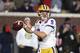 LSU quarterback Joe Burrow looks for a receiver during the first half of the team's NCAA college football game against Mississippi in Oxford, Miss., Saturday, Nov. 16, 2019. (AP Photo/Thomas Graning)