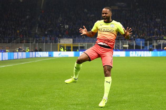 MILAN, ITALY - NOVEMBER 06:  Raheem Sterling of Manchester City celebrates after scoring the opening goal during the UEFA Champions League group C match between Atalanta and Manchester City at Stadio Giuseppe Meazza on November 6, 2019 in Milan, Italy.  (Photo by Marco Luzzani/Getty Images)