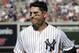 New York Yankees' Jacoby Ellsbury reacts after grounding out to end the sixth inning in the first game of a baseball doubleheader against the Cleveland Indians Wednesday, Aug. 30, 2017, at Yankee Stadium in New York. (AP Photo/Bill Kostroun)