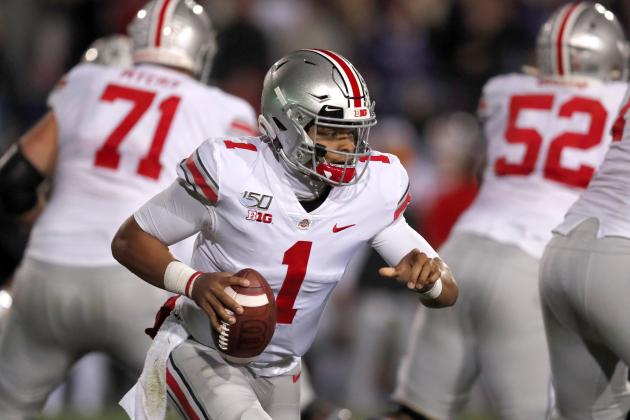 Ohio State quarterback Justin Fields (1) scrambles during the first half of an NCAA college football game against  Northwestern, Friday, Oct. 18, 2019, in Evanston, Ill. (AP Photo/Charles Rex Arbogast)