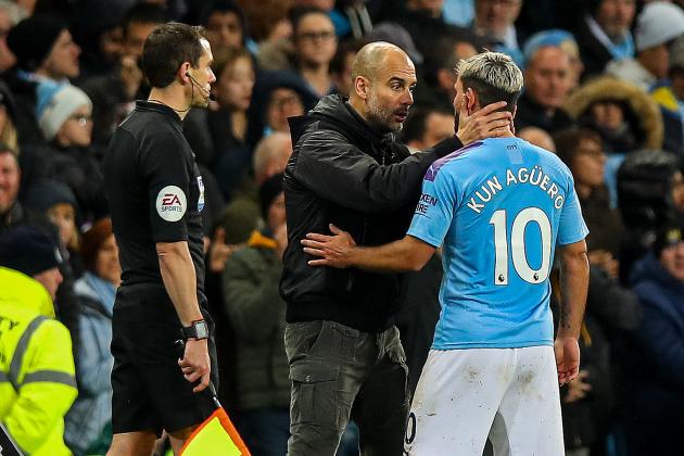 MANCHESTER, ENGLAND - NOVEMBER 23: Pep Guardiola the head coach / manager of Manchester City and Sergio Aguero of Manchester City during the Premier League match between Manchester City and Chelsea FC at Etihad Stadium on November 23, 2019 in Manchester, United Kingdom. (Photo by Robbie Jay Barratt - AMA/Getty Images)