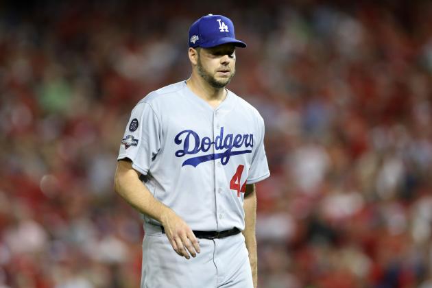 WASHINGTON, DC - OCTOBER 07: Rich Hill #44 of the Los Angeles Dodgers walks off the field after being pulled in the third inning against the Washington Nationals in game four of the National League Division Series at Nationals Park on October 07, 2019 in Washington, DC. (Photo by Rob Carr/Getty Images)