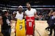 NEW ORLEANS, LA - NOVEMBER 27: Anthony Davis #3 of the Los Angeles Lakers and Jrue Holiday #11 of the New Orleans Pelicans exchange jerseys after a game on November 27, 2019 at Smoothie King Center in New Orleans, Louisiana. NOTE TO USER: User expressly acknowledges and agrees that, by downloading and or using this photograph, User is consenting to the terms and conditions of the Getty Images License Agreement. Mandatory Copyright Notice: Copyright 2019 NBAE (Photo by Jeff Haynes/NBAE via Getty Images)