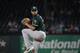 Oakland Athletics' Blake Treinen works against the Texas Rangers during a baseball game in Arlington, Texas, Friday, Sept. 13, 2019. (AP Photo/Tony Gutierrez)