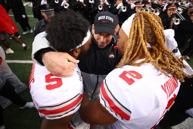 ANN ARBOR, MICHIGAN - NOVEMBER 30: Head coach Ryan Day of the Ohio State Buckeyes celebrates a 57-27 win over the Michigan Wolverines with Chase Young #2 and Baron Browning #5 at Michigan Stadium on November 30, 2019 in Ann Arbor, Michigan. (Photo by Gregory Shamus/Getty Images)