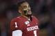 Oklahoma quarterback Jalen Hurts (1) before an NCAA college football game against TCU in Norman, Okla., Saturday, Nov. 23, 2019. (AP Photo/Sue Ogrocki)