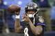 Baltimore Ravens quarterback Lamar Jackson warms up on the field before the start of an NFL football game against the San Francisco 49ers, Sunday, Dec. 1, 2019, in Baltimore, Md. (AP Photo/Nick Wass)