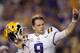 LSU quarterback Joe Burrow, who is considered a frontrunner for the Heisman Trophy, acknowledges the crowd as he is pulled from his last game in Tiger Stadium, in the fourth quarter of the team's NCAA college football game against Texas A&M in Baton Rouge, La., Saturday, Nov. 30, 2019. LSU won 50-7. (AP Photo/Gerald Herbert)
