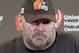 Cleveland Browns head coach Freddie Kitchens answers questions during a news conference after an NFL football game against the Pittsburgh Steelers, Sunday, Dec. 1, 2019, in Pittsburgh. The Steelers won 20-13. (AP Photo/Don Wright)