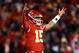 KANSAS CITY, MISSOURI - DECEMBER 01: Quarterback Patrick Mahomes #15 of the Kansas City Chiefs celebrates after a touchdown during the 4th quarter of the game against the Oakland Raiders at Arrowhead Stadium on December 01, 2019 in Kansas City, Missouri. (Photo by Jamie Squire/Getty Images)
