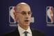 NBA Commissioner Adam Silver speaks at a news conference before an NBA preseason basketball game between the Houston Rockets and the Toronto Raptors Tuesday, Oct. 8, 2019, in Saitama, near Tokyo. (AP Photo/Jae C. Hong)