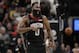 Houston Rockets guard James Harden (13) reacts to a play during overtime of an NBA basketball game against the San Antonio Spurs, in San Antonio, Tuesday, Dec. 3, 2019. San Antonio won 135-133 in double overtime. (AP Photo/Eric Gay)