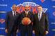 NEW YORK, NY - MAY 8: Steve Mills, David Fizdale and Scott Perry of the New York Knicks during a press conference announcing David Fizdale as the new head coach on May 8, 2018 at Madison Square Garden in New York City, New York. NOTE TO USER: User expressly acknowledges and agrees that, by downloading and or using this photograph, User is consenting to the terms and conditions of the Getty Images License Agreement. Mandatory Copyright Notice: Copyright 2018 NBAE (Photo by Nathaniel S. Butler/NBAE via Getty Images)