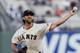 San Francisco Giants starting pitcher Madison Bumgarner throws against a Pittsburgh Pirates' batter in the first inning of a baseball game in San Francisco, Monday Sept. 9, 2019. (AP Photo/John Hefti)