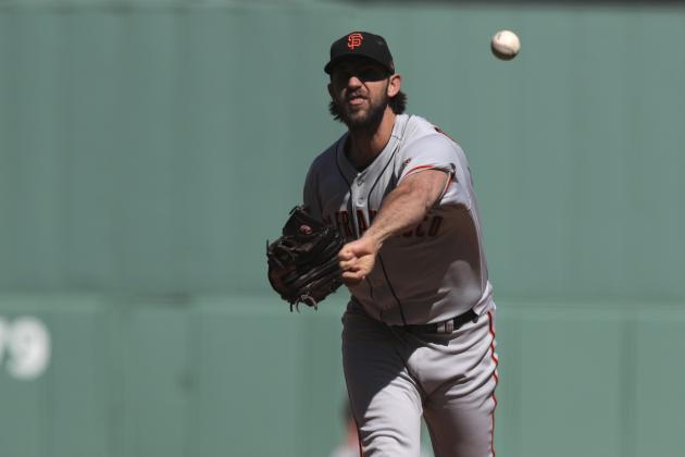 San Francisco Giants starting pitcher Madison Bumgarner delivers during the first inning of a baseball game against the Boston Red Sox at Fenway Park in Boston, Thursday, Sept. 19, 2019. (AP Photo/Charles Krupa)