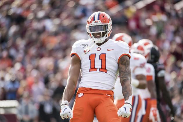 Clemson linebacker Isaiah Simmons (11) celebrates a stop against South Carolina during an NCAA college football game Saturday, Nov. 30, 2019, in Columbia, S.C. Clemson defeated South Carolina 38-3. (AP Photo/Sean Rayford)