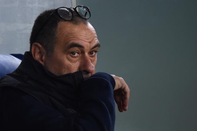Juventus' Italian coach Maurizio Sarri looks on during the Italian Serie A football match lazio Rome vs Juventus Turin on December 7, 2019 at the Olympic stadium in Rome. (Photo by Filippo MONTEFORTE / AFP) (Photo by FILIPPO MONTEFORTE/AFP via Getty Images)
