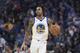 Golden State Warriors guard D'Angelo Russell dribbles against the Utah Jazz in the first half of an NBA basketball game in San Francisco, Monday, Nov. 11, 2019. (AP Photo/John Hefti)