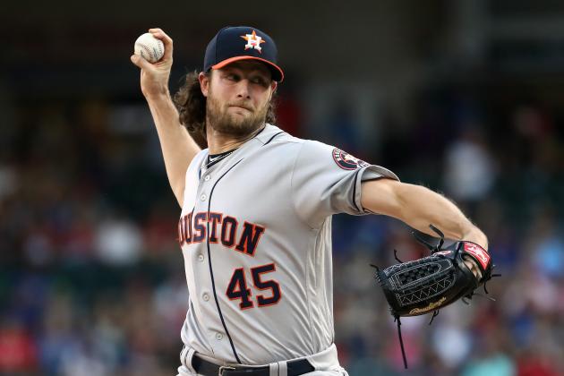 ARLINGTON, TEXAS - JULY 12:  Gerrit Cole #45 of the Houston Astros throws against the Texas Rangers in the first inning at Globe Life Park in Arlington on July 12, 2019 in Arlington, Texas. (Photo by Ronald Martinez/Getty Images)