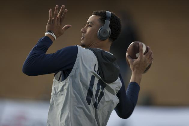 SALT LAKE CITY, UT - NOVEMBER 2 : Jordan Love #10 of the Utah State Aggies throws a pass during warmups before their game against the BYU Cougars at Maverick Stadium on November 2, 2019 in Logan, Utah. (Photo by Chris Gardner/Getty Images)