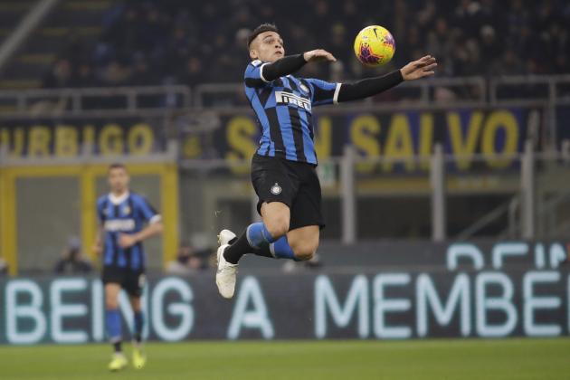 Inter Milan's Lautaro Martinez controls the ball during a Serie A soccer match between Inter Milan and Roma, at the San Siro stadium in Milan, Italy, Friday, Dec.6, 2019. (AP Photo/Luca Bruno)